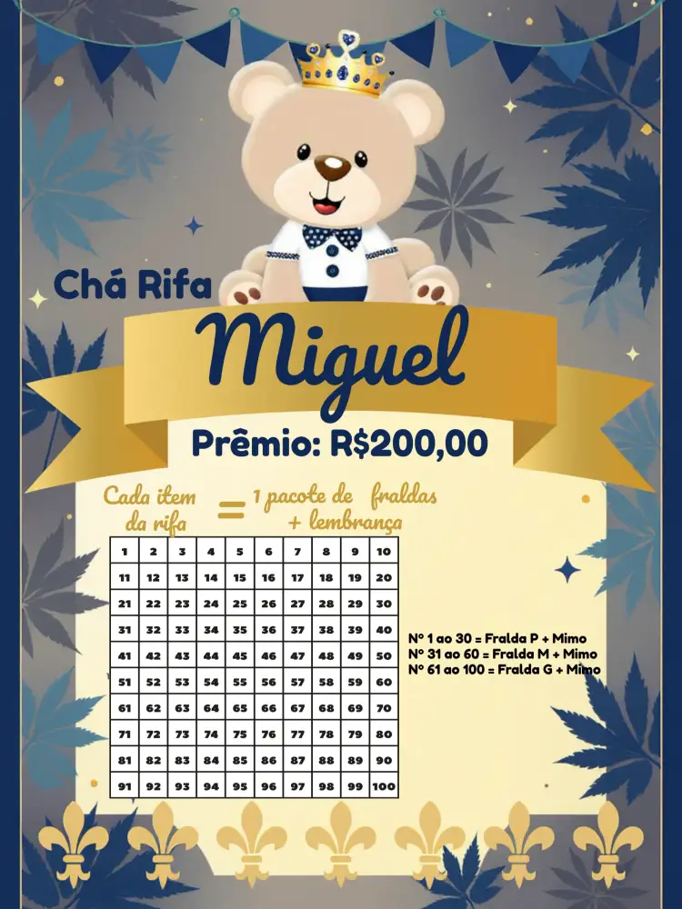 Convite Chá Rifa Ursinho Príncipe Dourado editável e personalizável