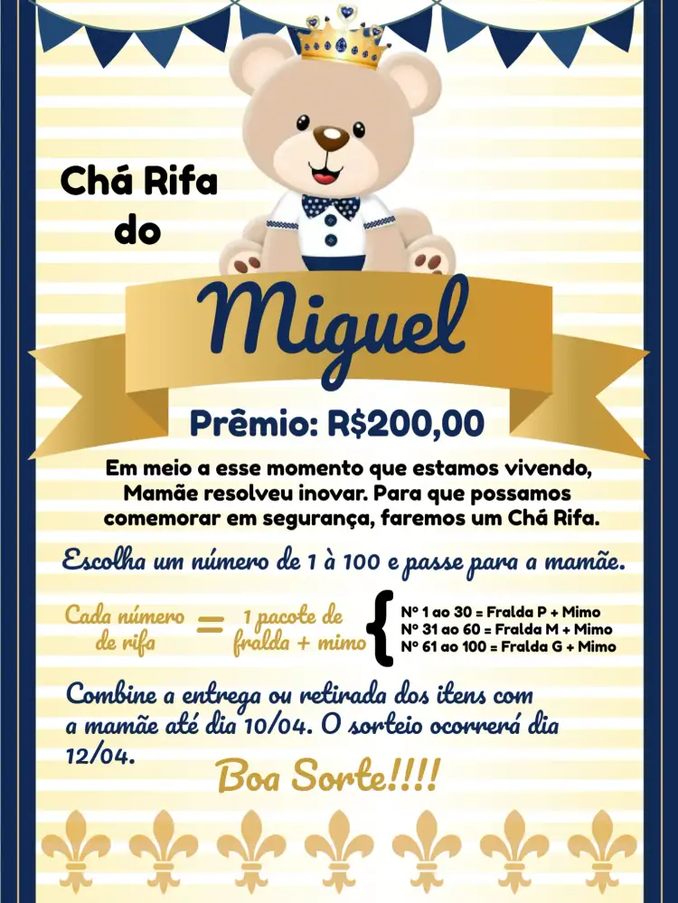 Convite Chá Rifa Ursinho Príncipe Príncipe.chá – tema Chá Rifa azul, dourado, ursinho, moderno, lúdico, infantil