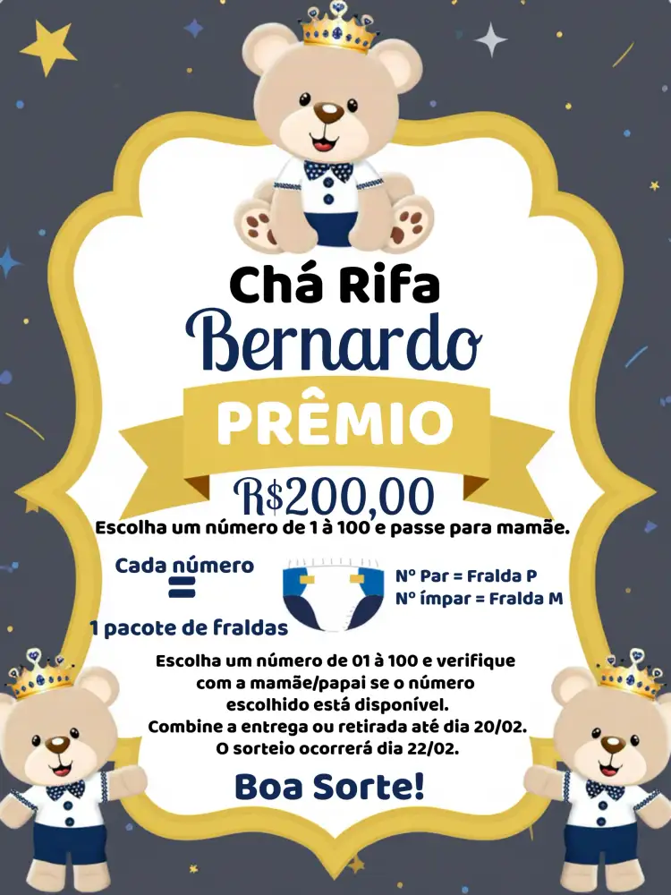 Convite Chá Rifa Ursinho Príncipe Bebe – tema Chá Rifa azul, dourado, ursinho, moderno, infantil, lúdico