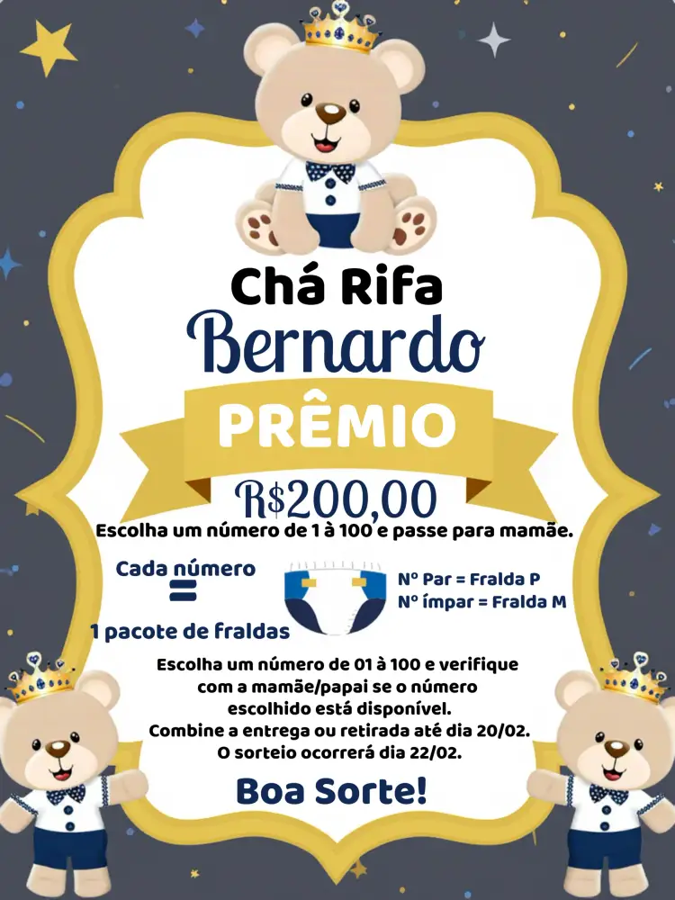 Convite Chá Rifa Ursinho Príncipe Bebe