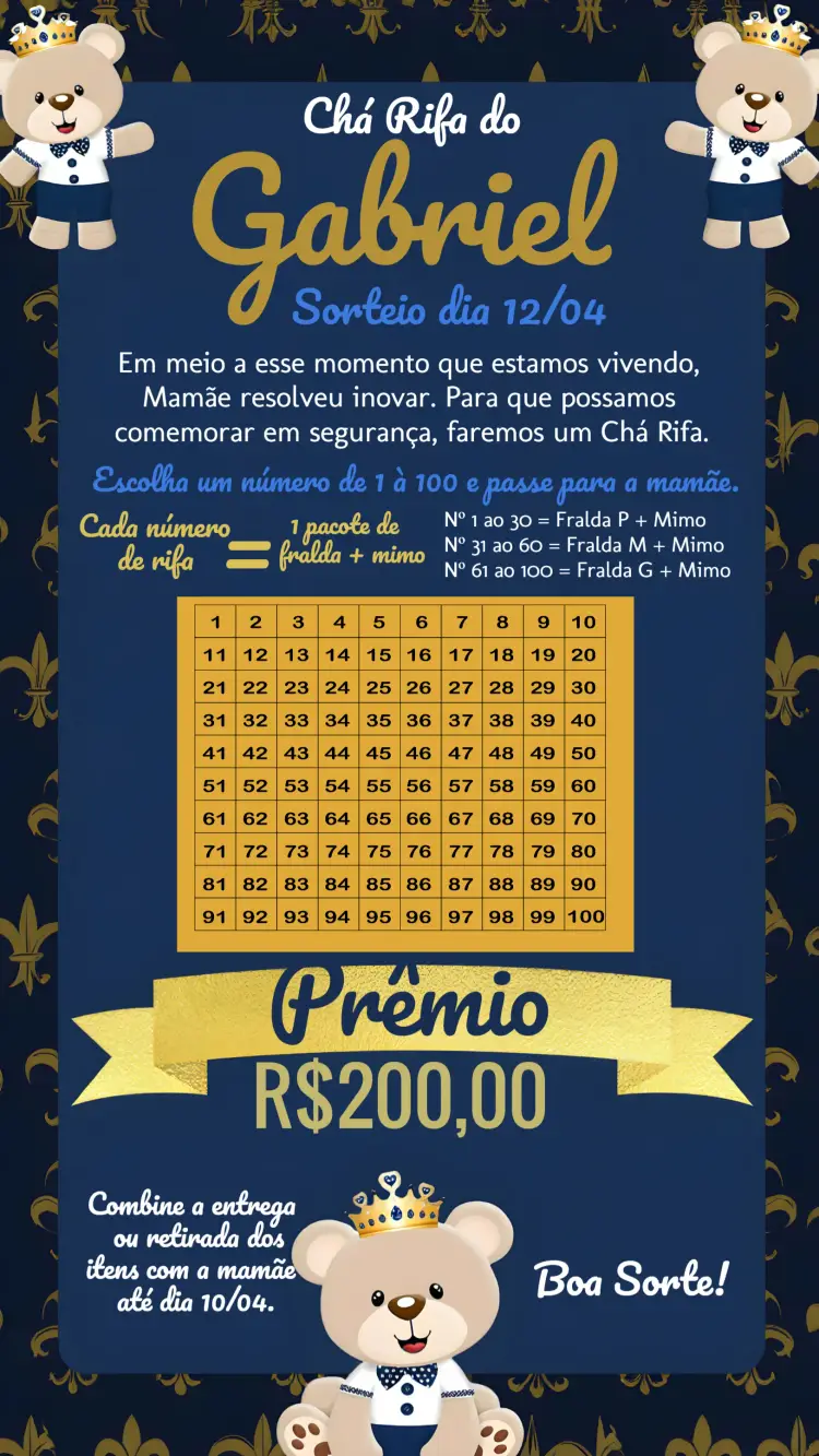 Convite Chá Rifa Ursinho Príncipe Azul