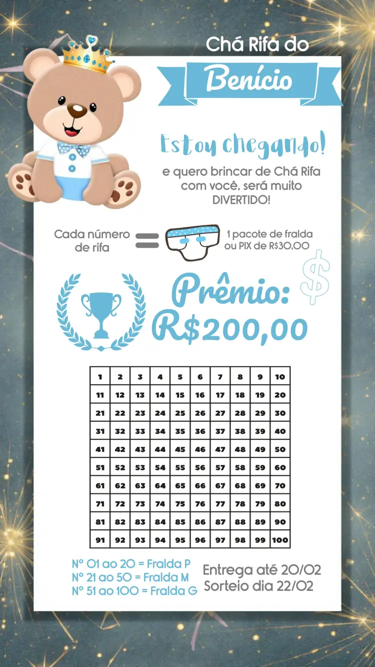 Convite Chá Rifa Ursinho Príncipe Fralda