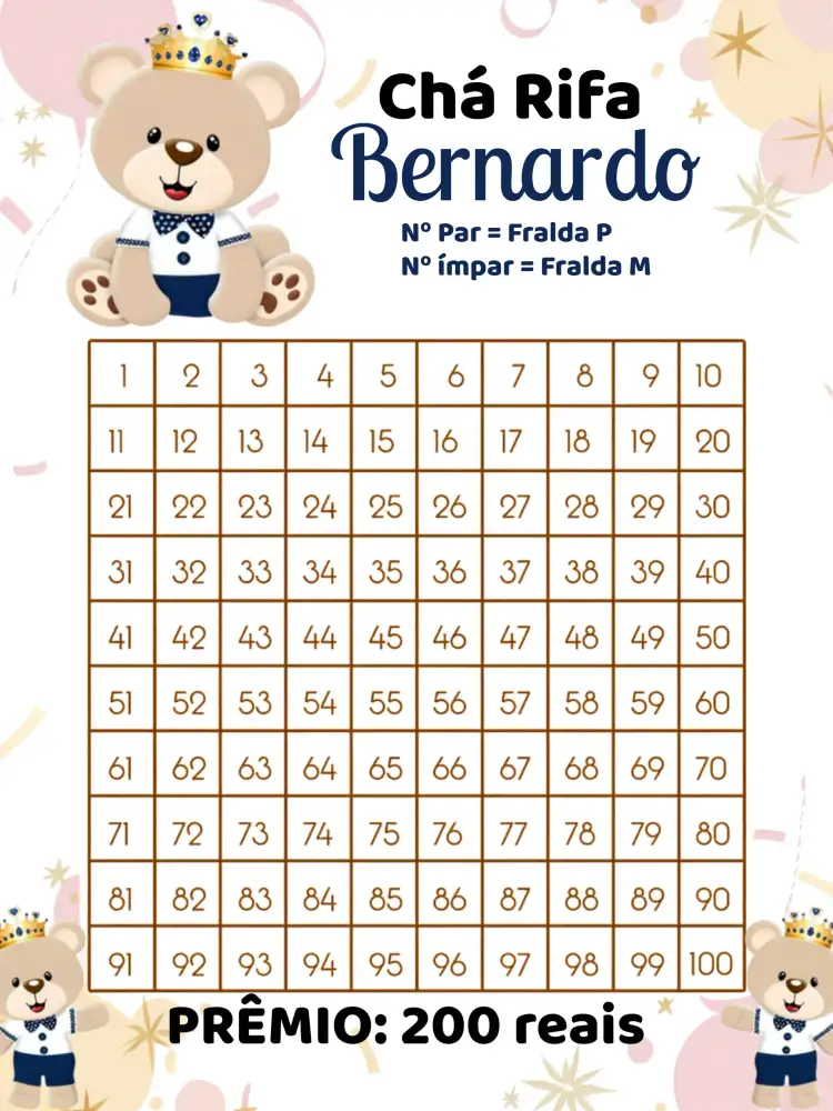 Convite Chá Rifa Ursinho Príncipe Cha – tema Chá Rifa dourado, azul, branco, infantil, ursinhos, lúdico
