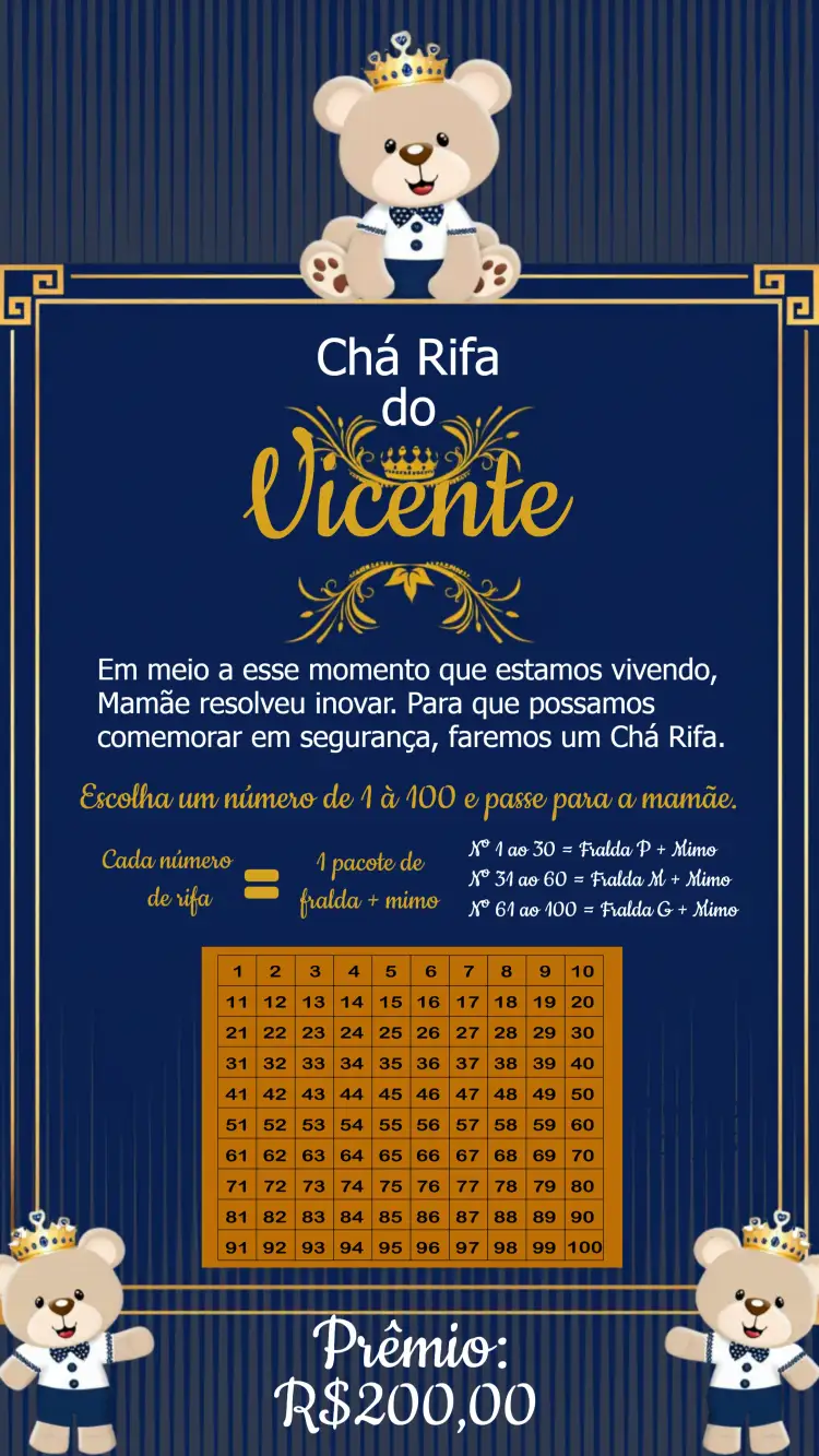 Convite Chá Rifa Ursinho Príncipe Azul – tema Chá Rifa azul, dourado, branco, ursinho, infantil, delicado
