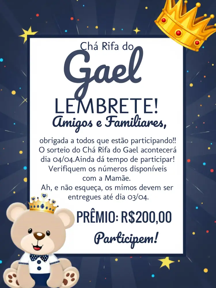 Convite Chá Rifa Ursinho Principe Dourado