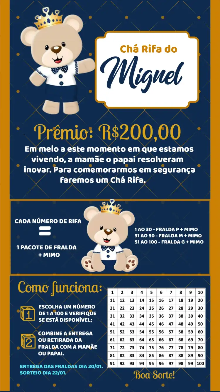Chá Rifa Ursinho Príncipe Menino