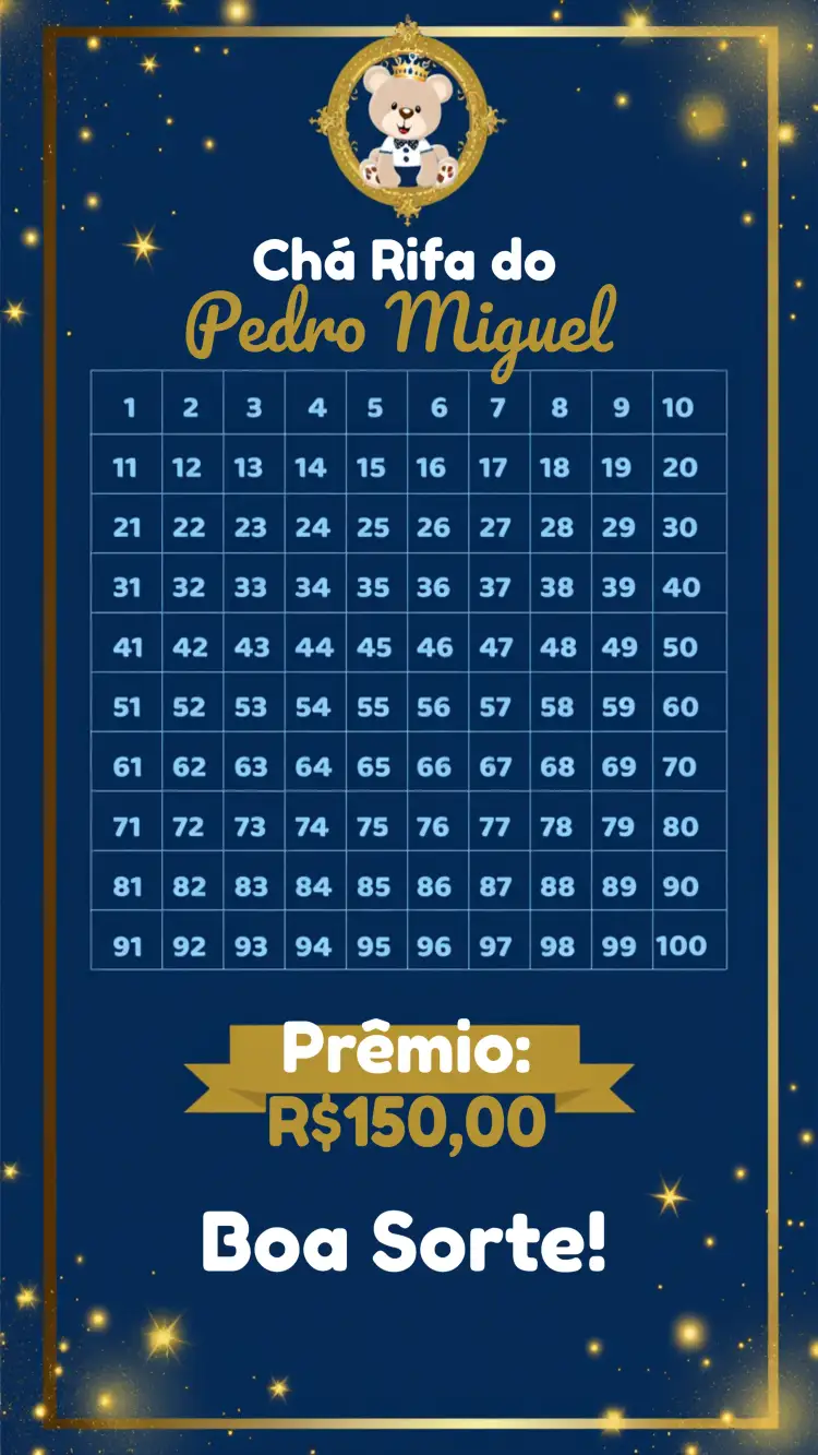 Convite Chá Rifa Ursinho Príncipe Números – tema Chá Rifa azul, dourado, branco, infantil, príncipe, ursinho