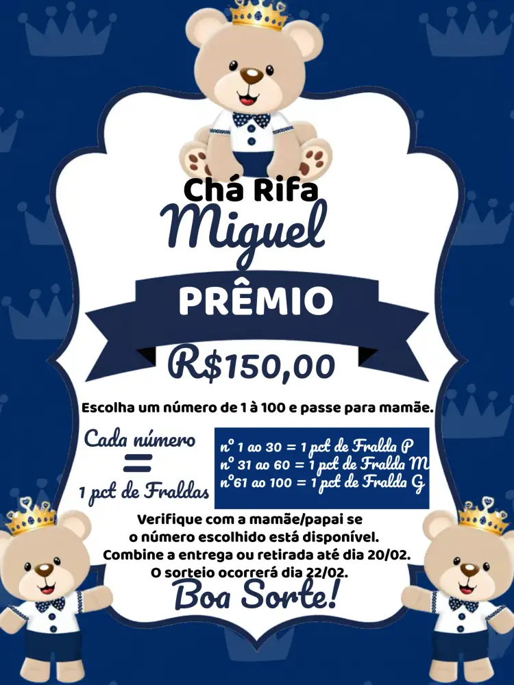Convite Chá Rifa Ursinho Príncipe Números – tema Chá Rifa azul, preto, branco, infantil, lúdico, moderno