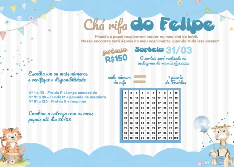 Convite Chá Rifa Ursinho Príncipe Tigre – tema Chá Rifa animais, lúdico, azul claro, divertido, infantil, moderno