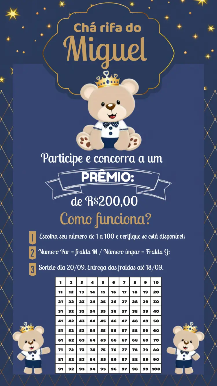 Convite Chá Rifa Ursinho Príncipe Urso