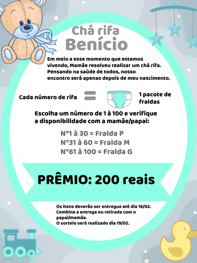 Convite Chá Rifa Ursinho Príncipe – tema Chá Rifa ursinho, azul e cinza, moderno, temático, delicado, infantil