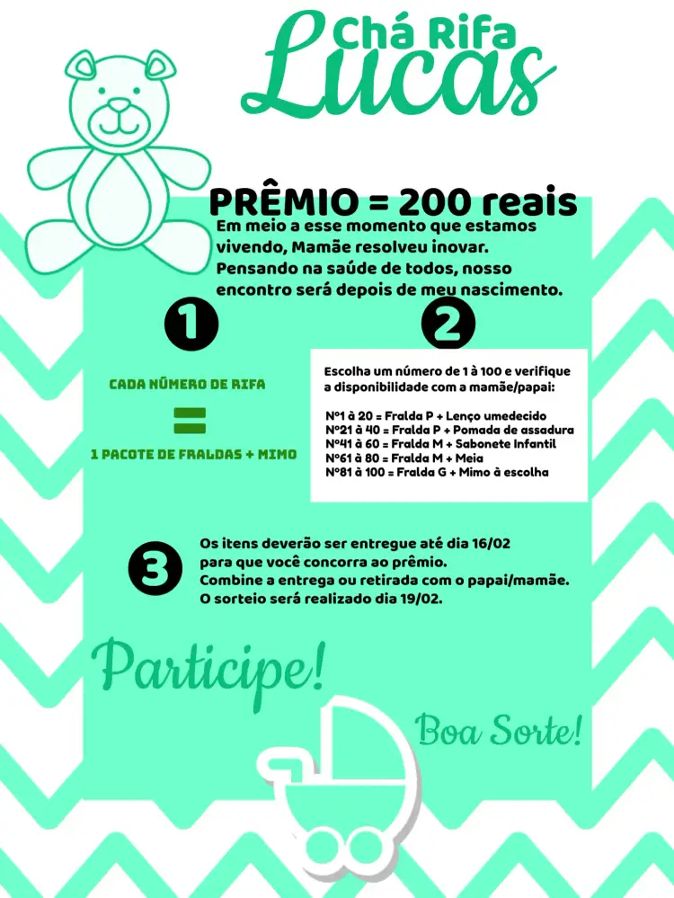 Convite Chá Rifa Ursinho Bebê – tema Chá Rifa ursinhos, cores suaves, estilo lúdico, elementos gráficos de bebê, verde e branco, toque moderno
