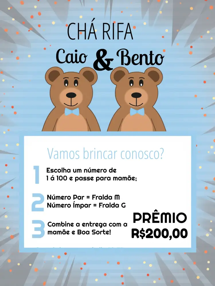 Convite Chá Rifa Ursinhos Gêmeos Azul – tema Chá Rifa azul, branco, fofo, infantil, animais, lúdico
