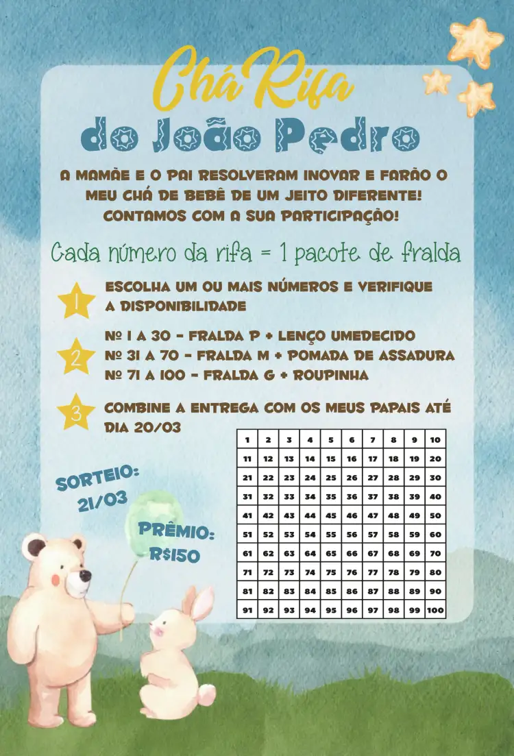 Convite Chá Rifa Ursinhos Verde – tema Chá Revelação ursinhos, aquarela, cores suaves, infantil, colorido, divertido