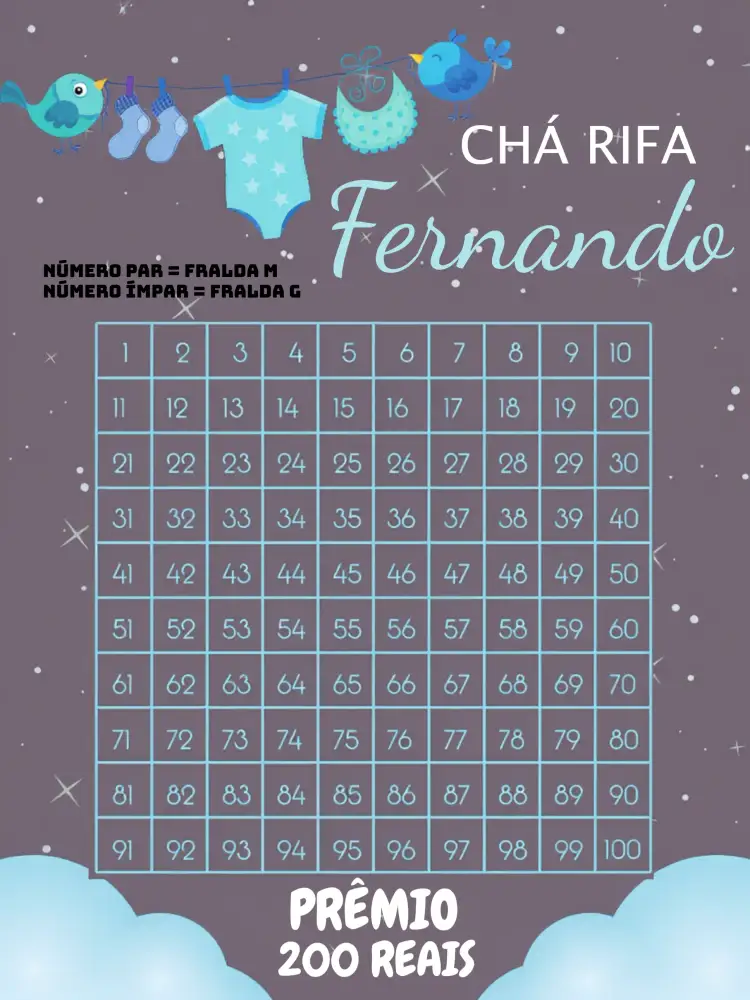 Convite Chá Rifa Varal De Roupas Nuvem – tema Chá Rifa nuvens, estrelas, azul, branco, moderno, divertido