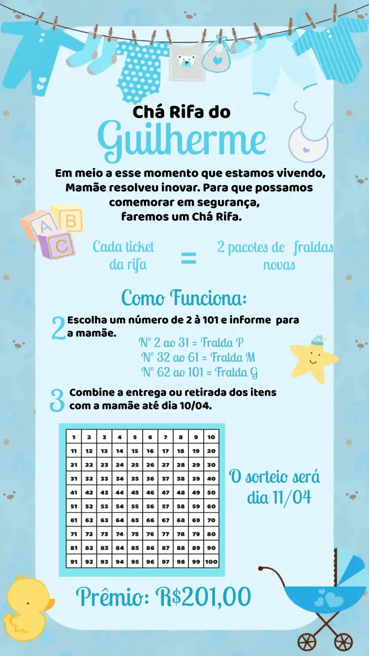 Convite Chá Rifa Varal De Roupas Rifacha – tema Chá Rifa azul e branco, estilo infantil, ursinhos, varal de roupas, moderno, divertido