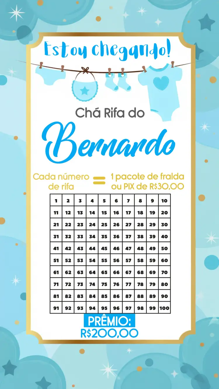 Convite Chá Rifa Varal De Roupas 100 – tema Chá Rifa azul, dourado, lúdico, infantil, moderno, divertido