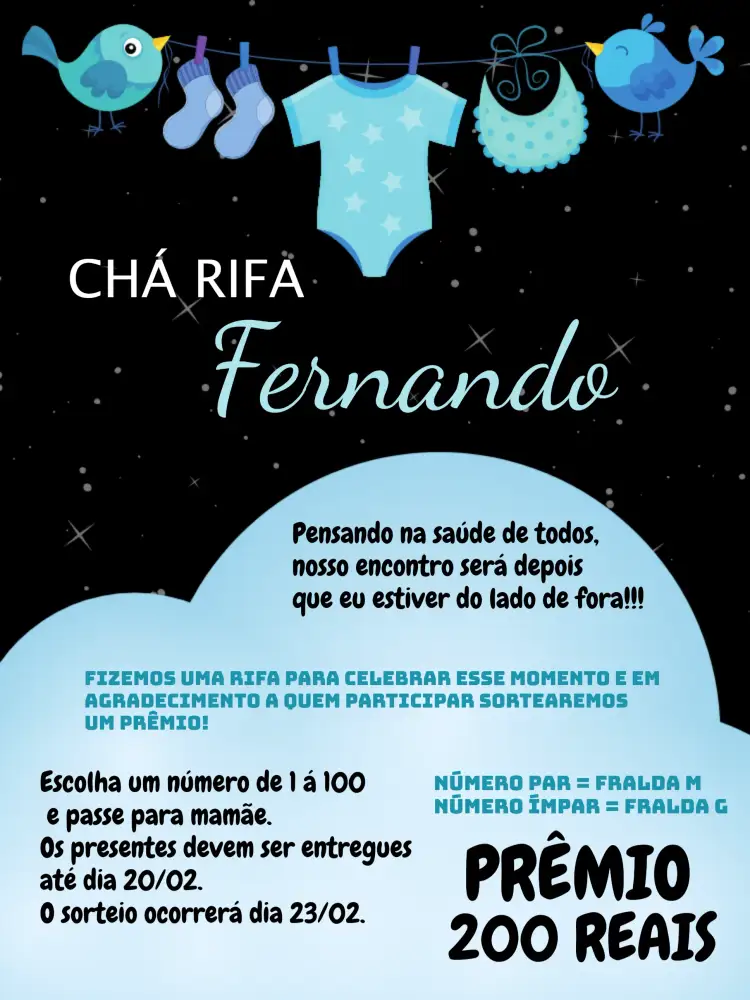 Convite Chá Rifa Varal De Roupas Céu – tema Chá Rifa azul, minimalista, divertido, infantil, moderno