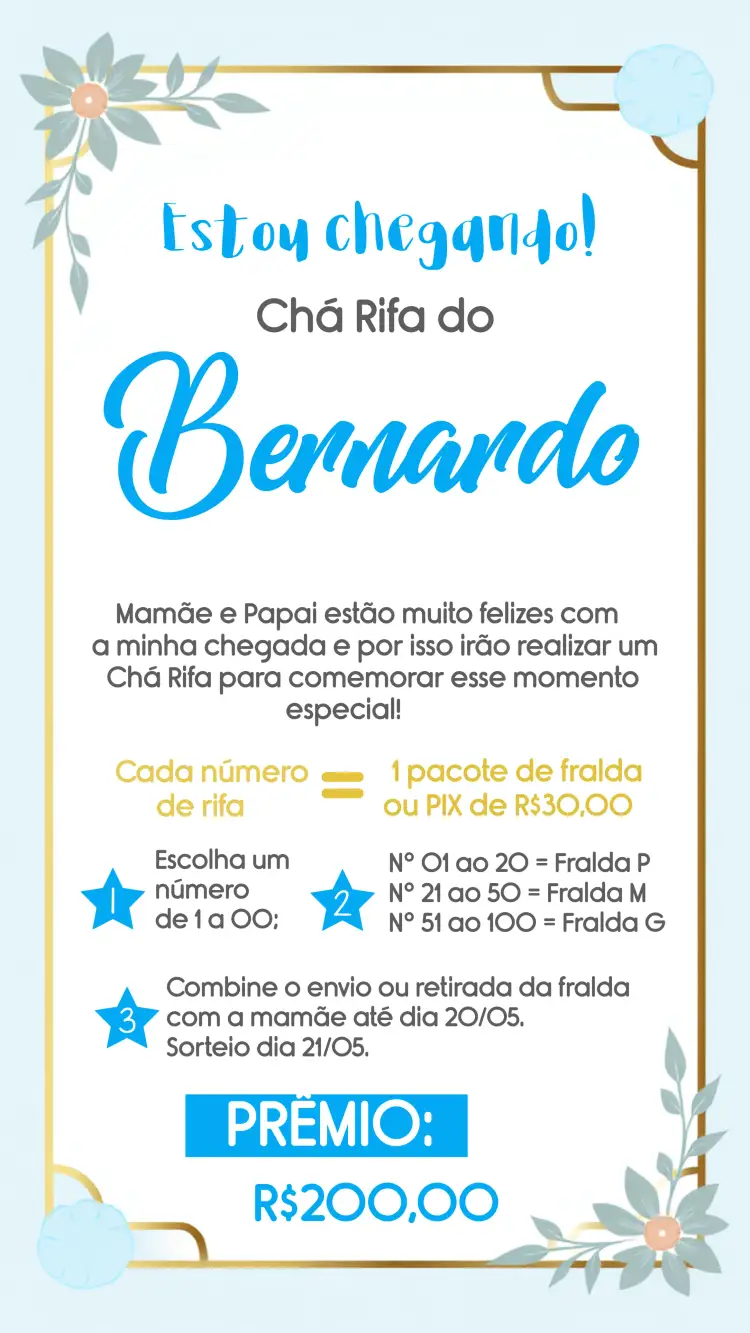 Convite Chá Rifa Varal De Roupas Coração – tema Chá Rifa azul, dourado, coração, varal de roupinhas, infantil, delicado