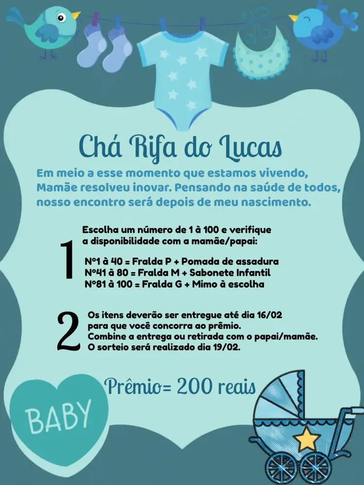 Convite Chá Rifa Varal De Roupas Fralda – tema Chá Rifa azul, branco, preto, infantil, delicado, lúdico