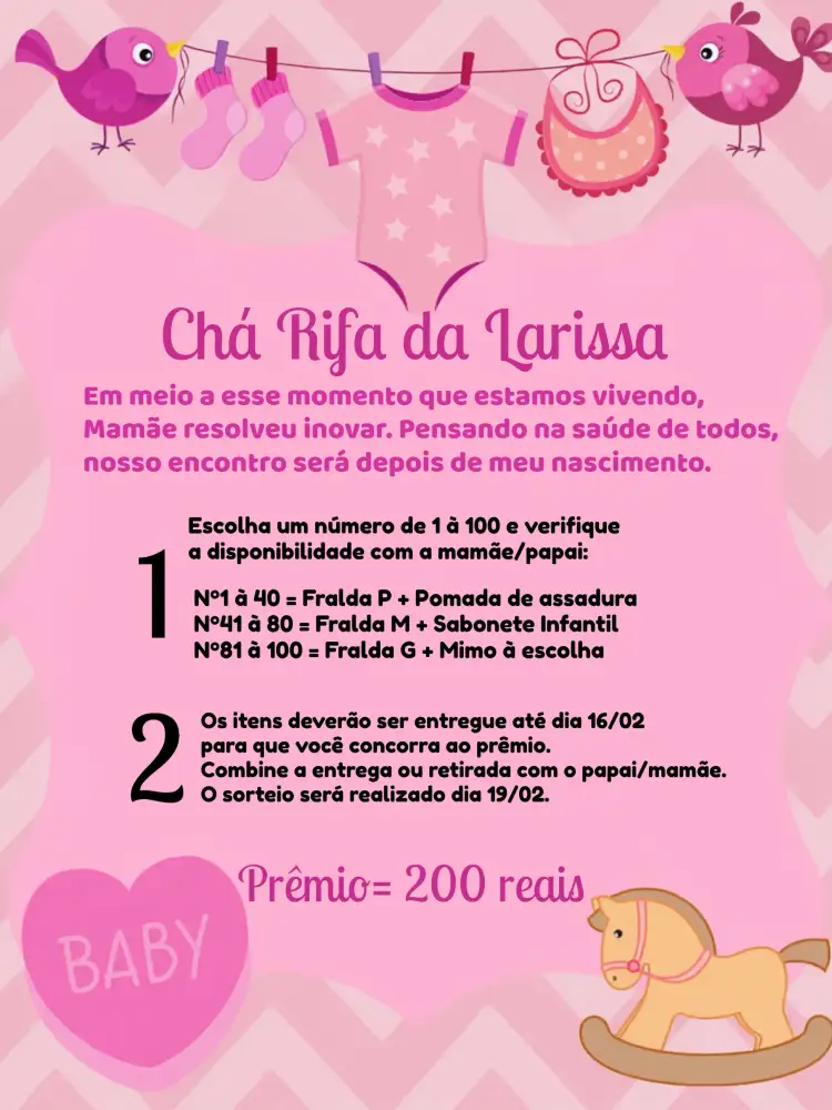 Convite Chá Rifa Varal De Roupas Lilás – tema Chá Rifa lilás, floral, gráficos infantis, passarinhos, suave, alegre