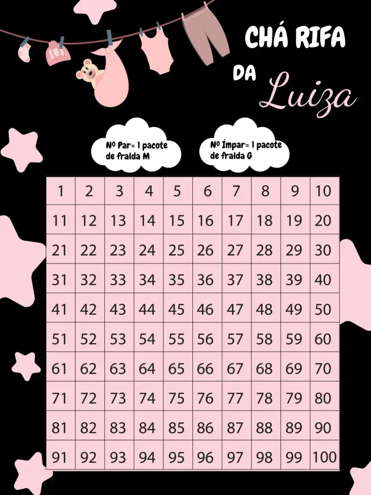 Convite Chá Rifa Varal De Roupas Menina Ursinha – tema Chá Rifa rosa, preto, branco, lúdico, divertido, infantil