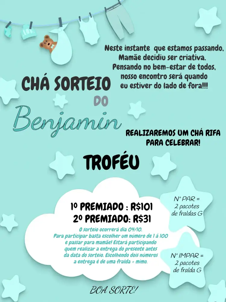 Convite Chá Rifa Varal De Roupas Menino Azul – tema Chá Rifa azul, branco, preto, nuvens, estrelas, moderno