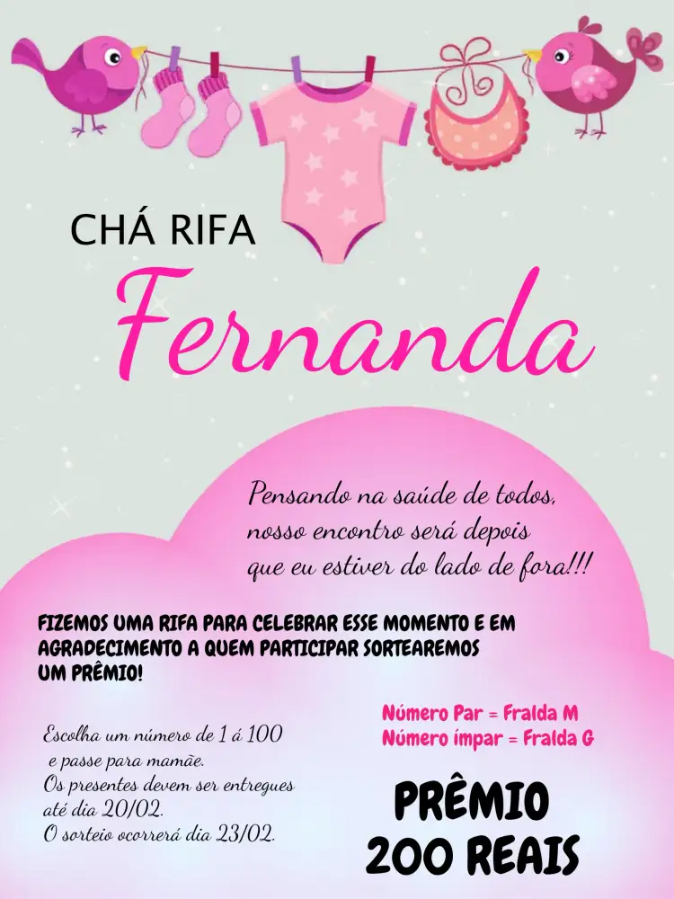 Convite Chá Rifa Varal De Roupas Rosa – tema Chá Rifa rosa, preto, branco, divertido, nuvens, estrelas