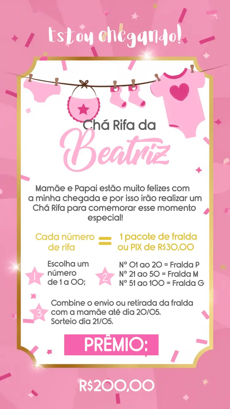 Convite Chá Rifa Varal De Roupas Coração – tema Chá Rifa rosa, dourado, delicado, infantil, festivo, amoroso