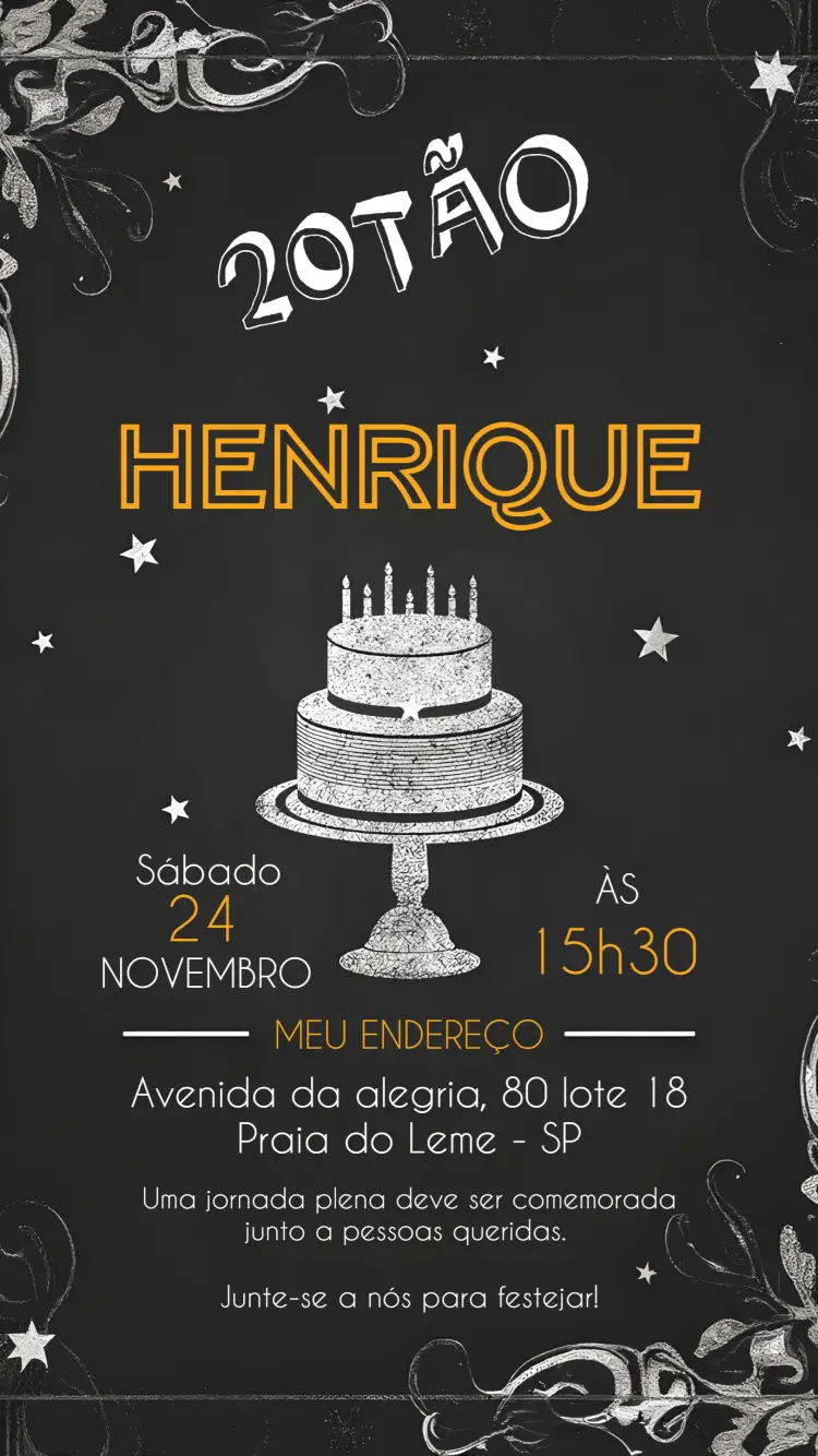 Convite Chalkboard Adulto – tema Aniversário chalkboard, moderno, preto e branco, elegante, descontraído