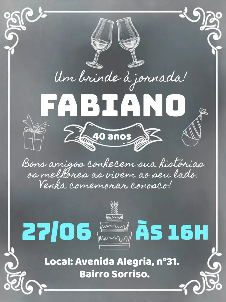 Convite Chalkboard Brinde – tema Aniversário chalkboard, moderno, descontraído, preto e branco, azul, boteco