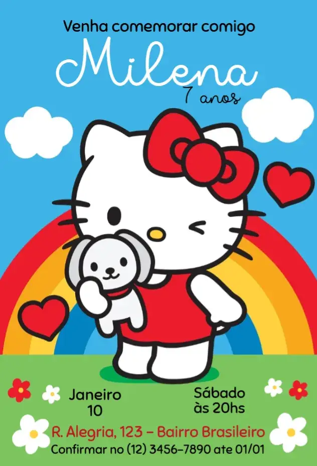 Convite Hello Kitty Arco-íris – tema Aniversário Infantil colorido, lúdico, infantil, fofo, divertido