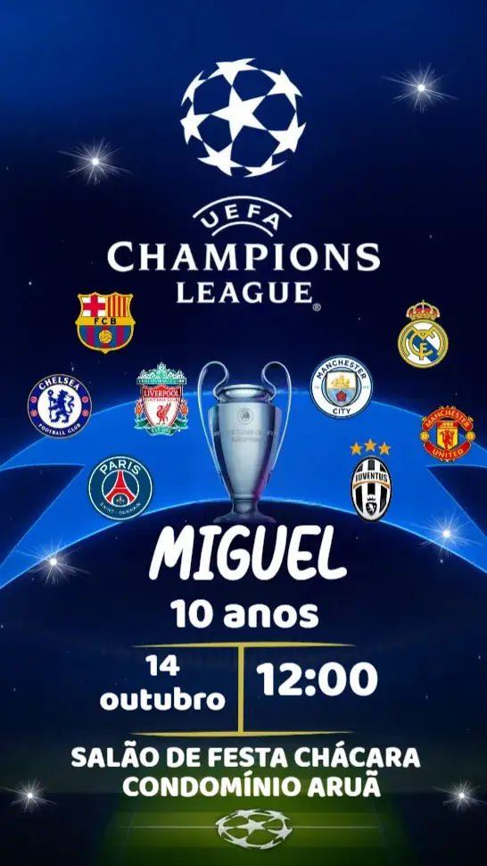 Convite Champions – tema 15 anos futebol, vibrante, moderno, jovem, colorido