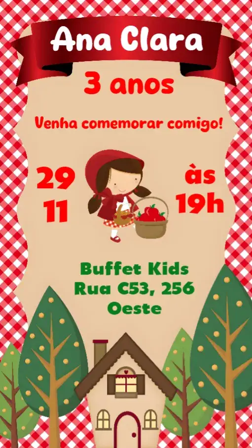 Convite Chapeuzinho Vermelho – tema Aniversário Infantil vermelho vibrante, verde floresta, ilustrações infantis, estilo lúdico, elementos gráficos de contos de fadas