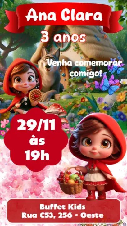 Convite Chapeuzinho Vermelho – tema Aniversário Infantil vibrante, lúdico, colorido, fantasia, infantil, ilustração