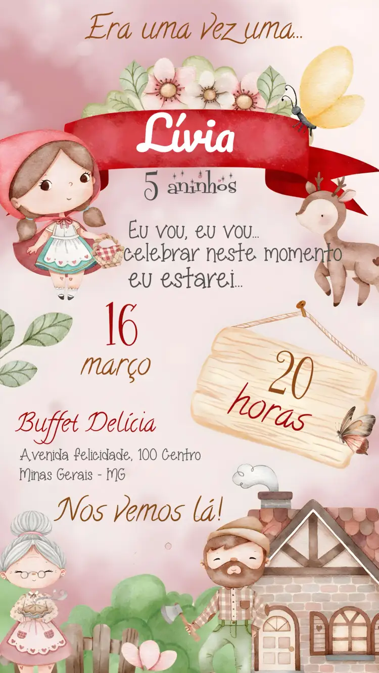 Convite Chapéuzinho Vermelho Aquarela Floresta – tema Mais pesquisados aquarela, floresta mágica, cores vibrantes, ilustrações infantis, estilo lúdico
