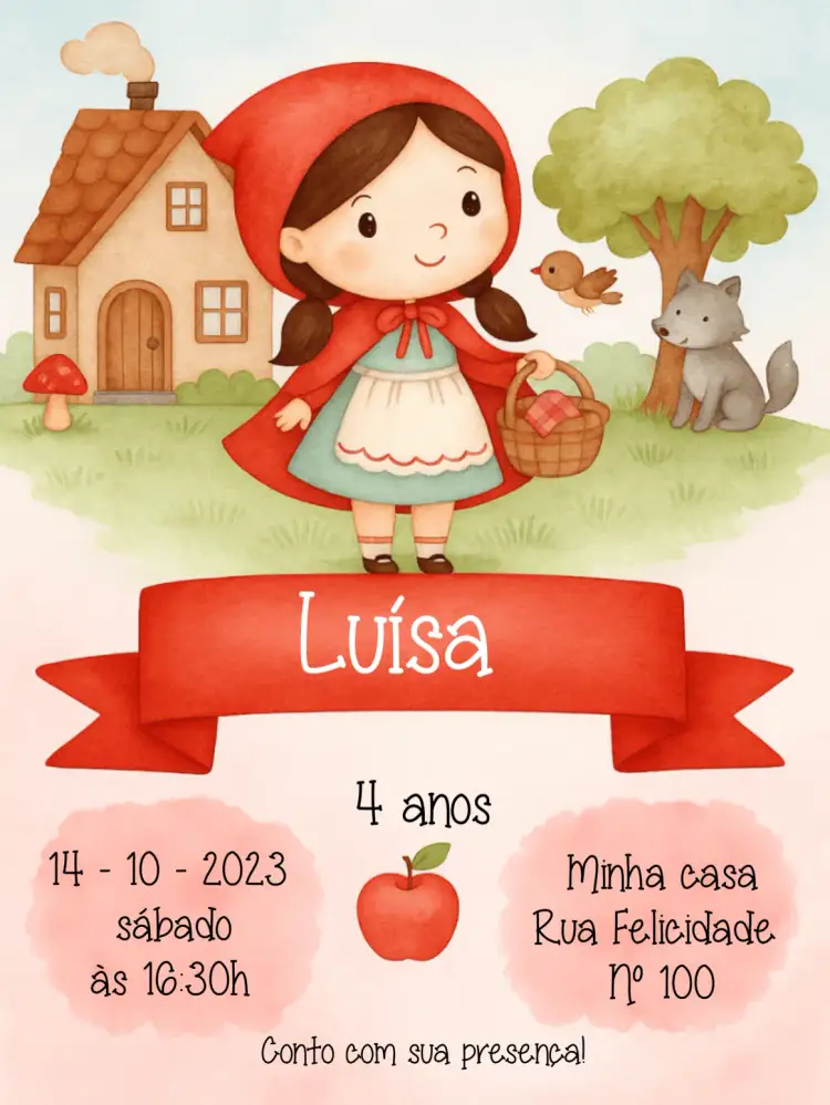 Convite Chapeuzinho Vermelho Aquarela Menina – tema Aniversário Infantil aquarela, cores suaves, ilustrações infantis, temática de contos de fadas, estilo lúdico