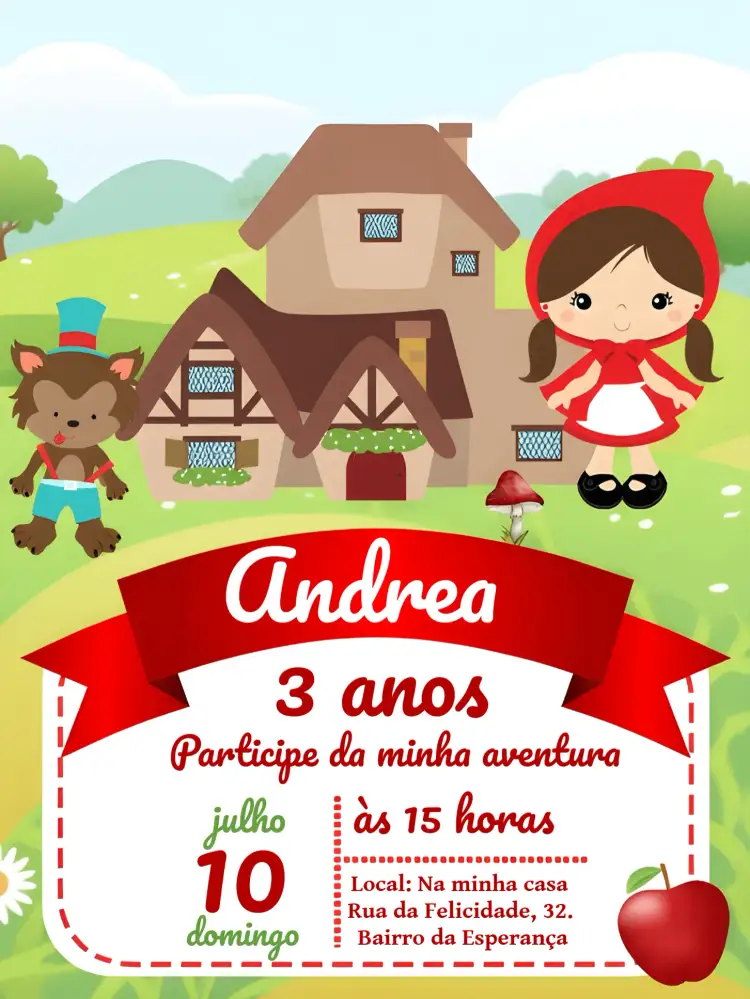 Convite Chapeuzinho Vermelho Festa – tema Mais pesquisados colorido, infantil, famoso conto de fadas, aventura, divertido