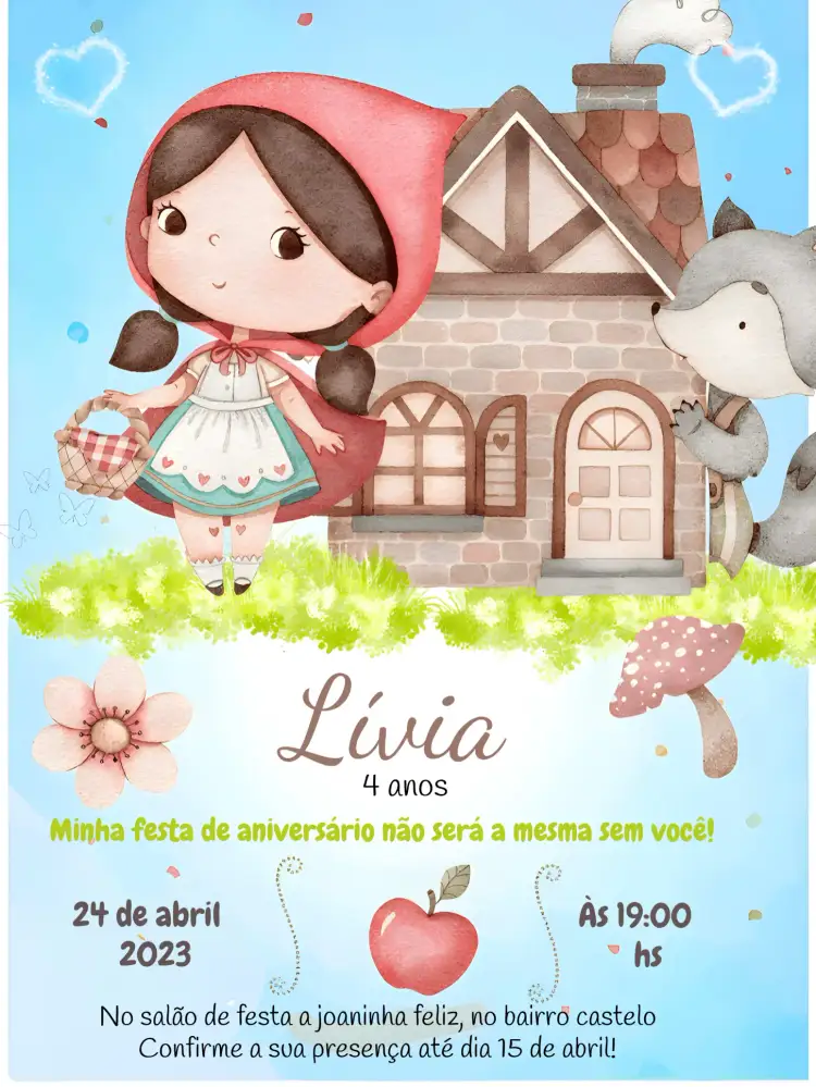 Convite Chapéuzinho Vermelho Imprimir – tema Mais pesquisados aquarela, infantil, lúdico, colorido, moderninho