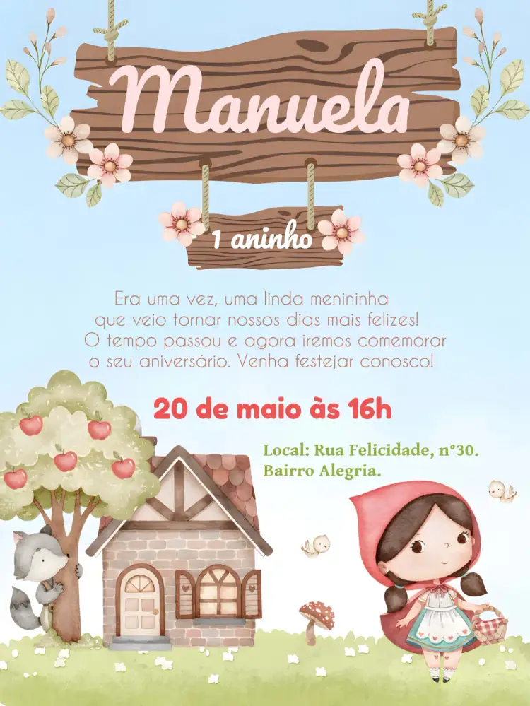 Convite Chapeuzinho Vermelho Vovozinha – tema Mais pesquisados aquarela, infantil, colorido, lúdico, temático, fantasia
