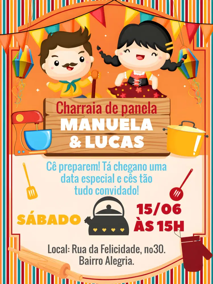 Convite Charraia Chá De Panela Arraiá Cafeteira – tema Chá de Panela colorido, vintage, rústico, festa junina, alegre, divertido