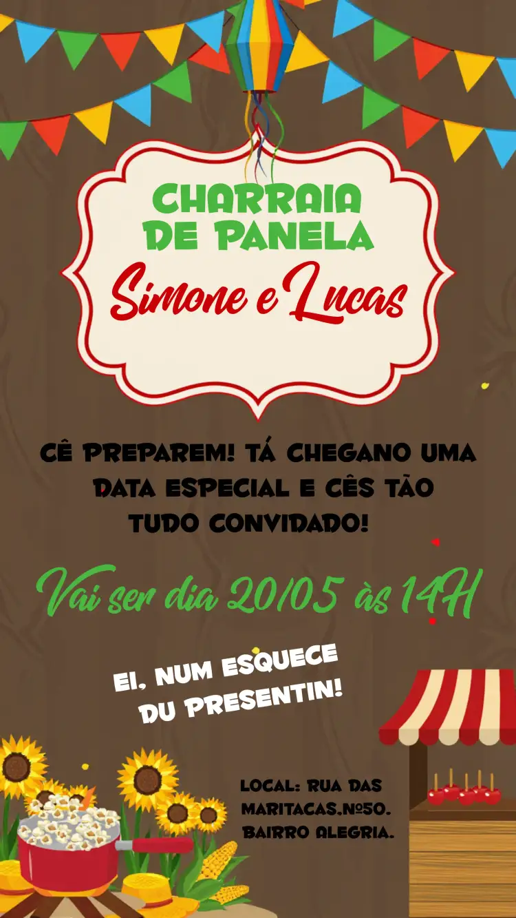 Convite Chárraia De Panela Amarelo – tema Chá de Panela colorido, festivo, cozinha, junino, alegre, moderno