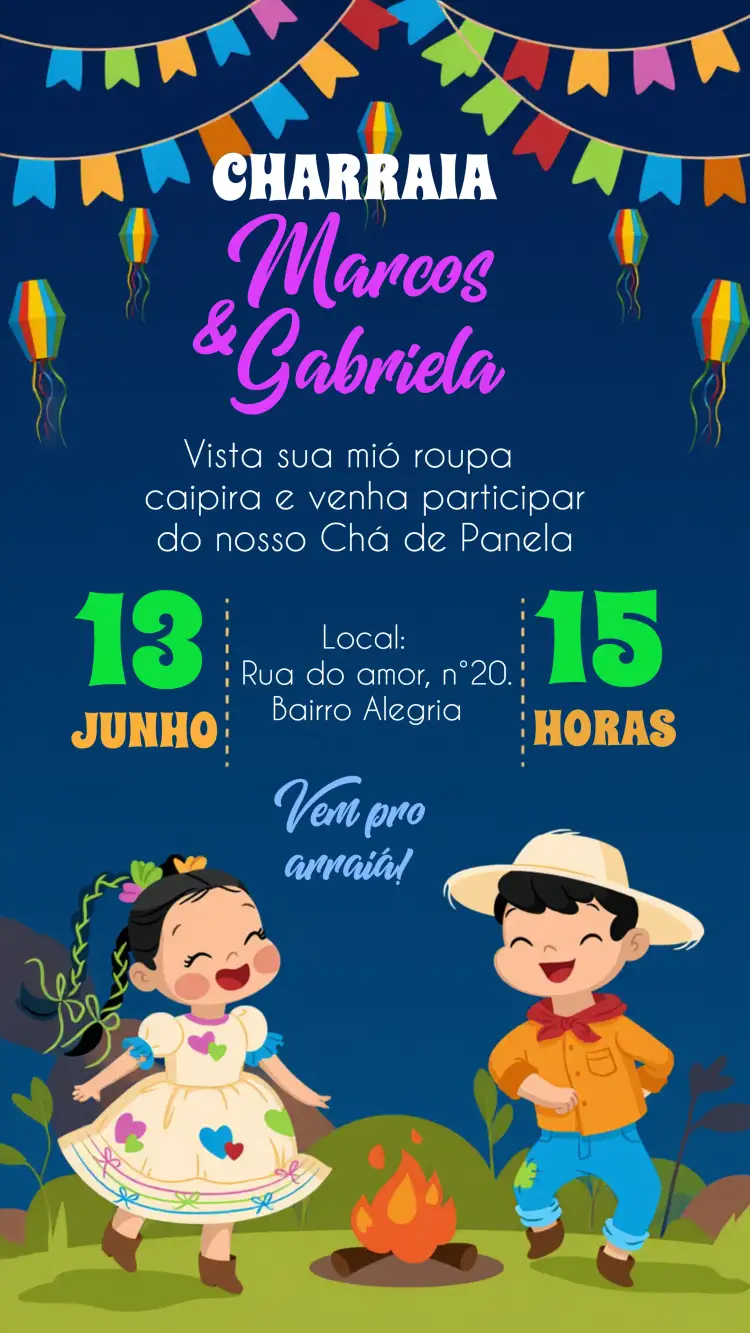 Convite Charraiá Junino Amarelo – tema Chá de Panela junino, colorido, vintage, festivo, caipira, alegre