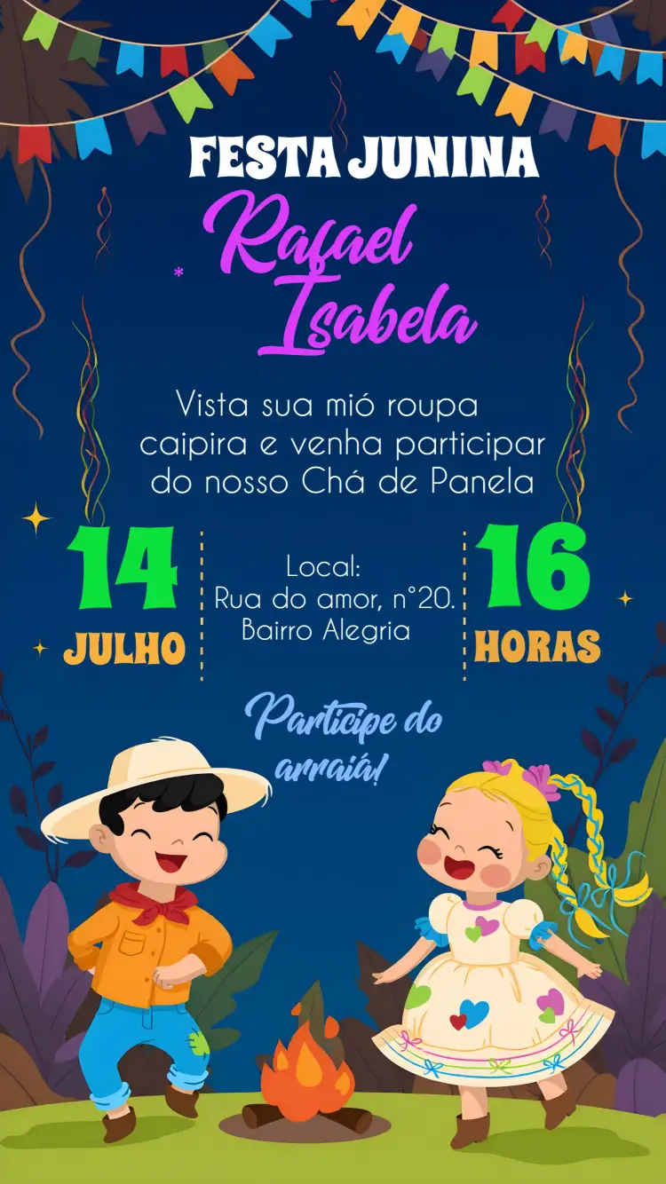 Convite Charraiá Junino Arraia – tema Chá de Panela junino, caipira, colorido, rústico, vintage, festivo