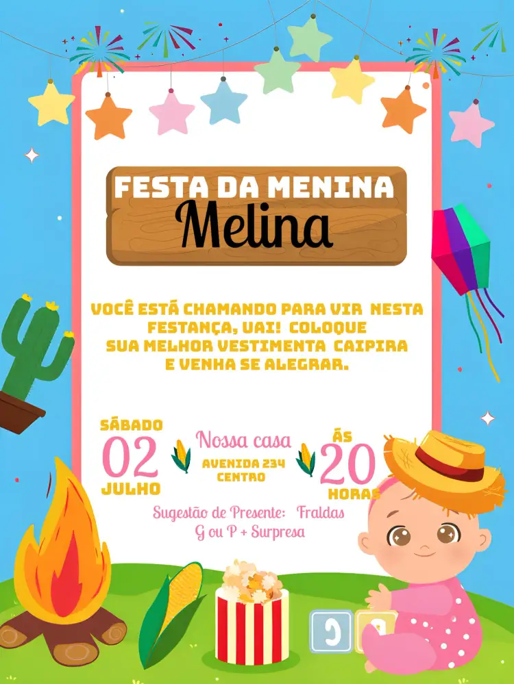 Convite Charraiá Menina João – tema Datas Comemorativas junino, colorido, caipira, feminino, vibrante