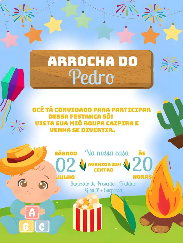 Convite Charraiá Menino João – tema Datas Comemorativas caipira, colorido, vintage, festivo, ilustrações de São João