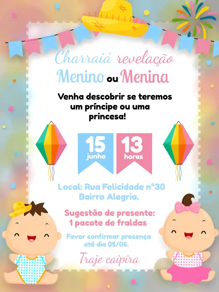 Convite Charraiá Revelação Festa Junina Julina – tema Chá Revelação Festa Junina, Chá Revelação, Infantil