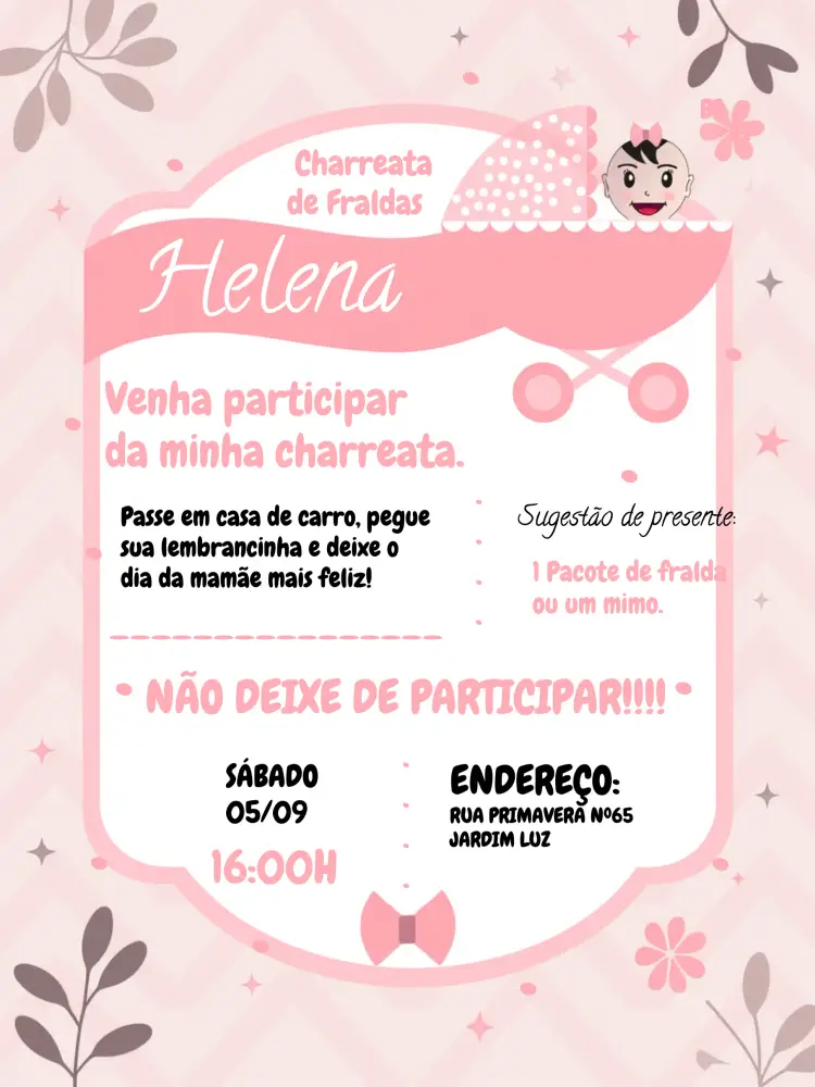 Convite Chárreata De Fraldas Bebê Menina Carreata
