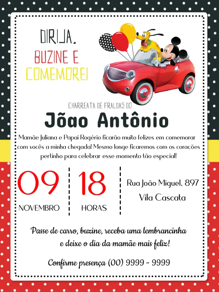 Convite Charreata De Fraldas Mickey Poa – tema Chá de Fraldas Mickey Mouse, bolinhas poá, cores vibrantes, moderno, divertido