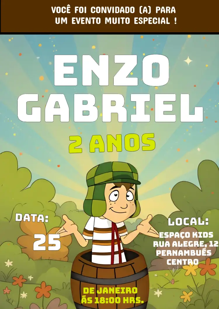Convite Chaves El Chavo Seu – tema Mais pesquisados colorido, divertido, temático, vintage, ilustrações infantis